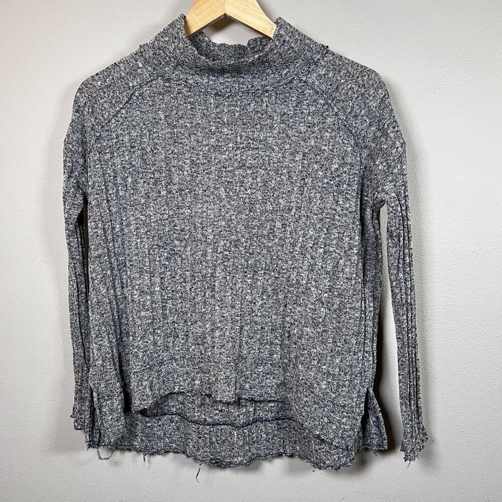 Free People Clarissa Ribbed Mock Neck Sweater Navy & White Marled Size XS